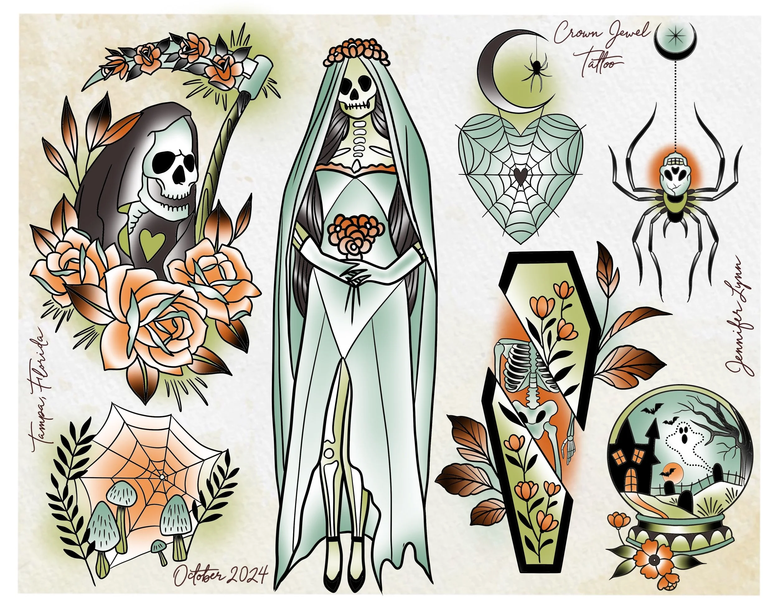 Traditional Halloween tattoo flash sheet by Jennifer Lynn at Crown Jewel Tattoo in Tampa Florida. Designs from this sheet are available to be tattooed.
