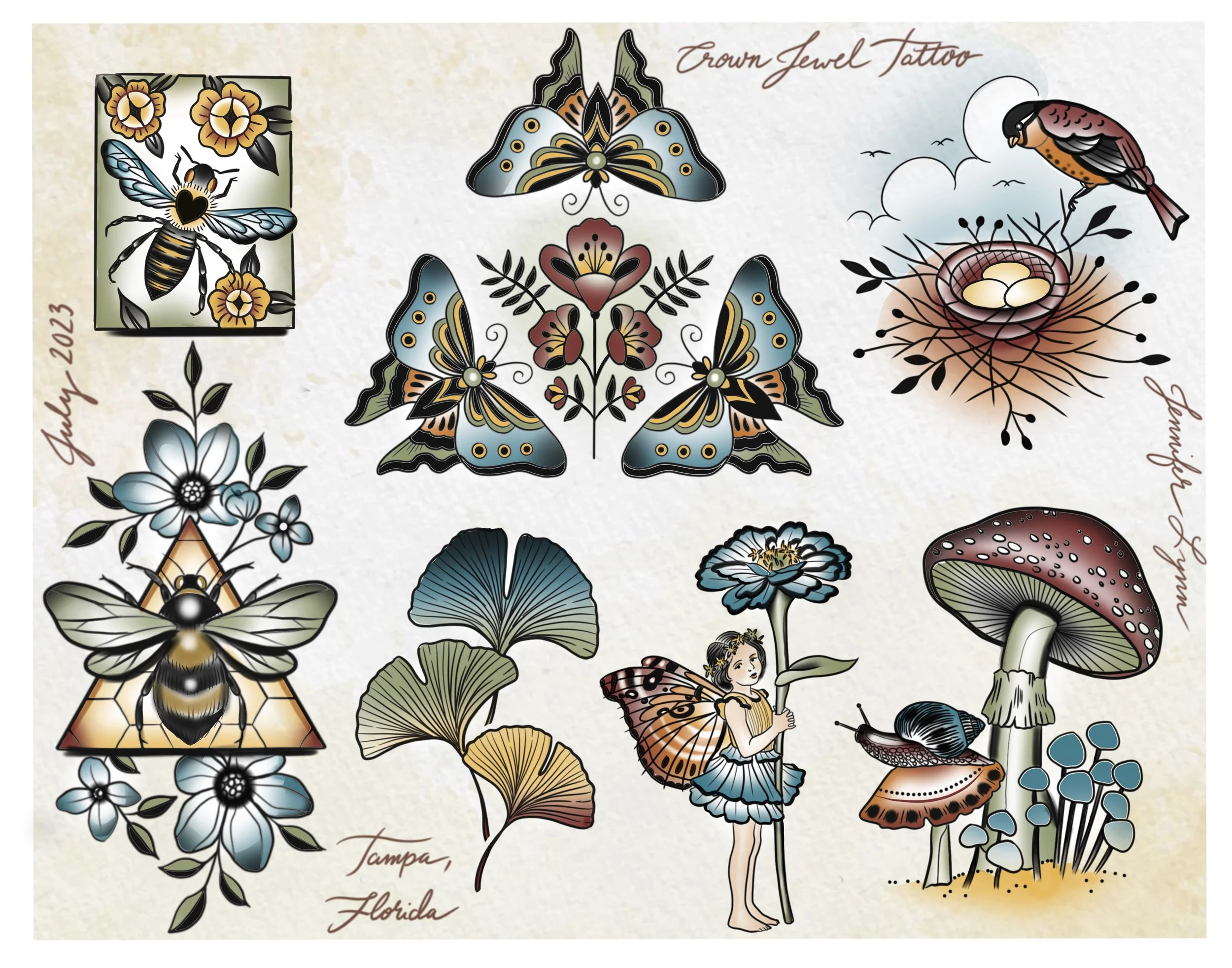 Traditional mushroom forest tattoo flash sheet by Jennifer Lynn at Crown Jewel Tattoo in Tampa Florida. Designs from this sheet are available to be tattooed.