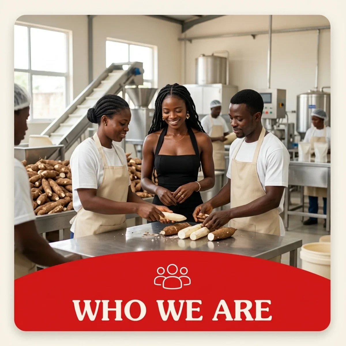 Fataay team member in a modern cassava processing facility.