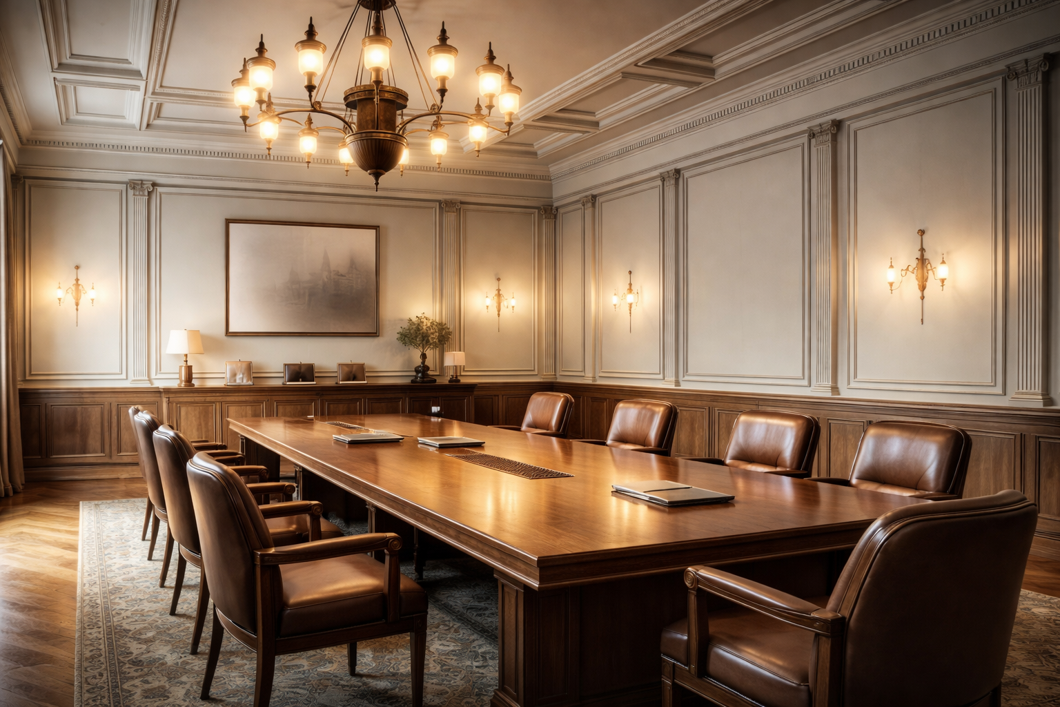 Sala de reuniones con mesa larga de madera y sillas de cuero, decoración clásica con paredes adornadas, lámparas de pared y candelabro en el techo.