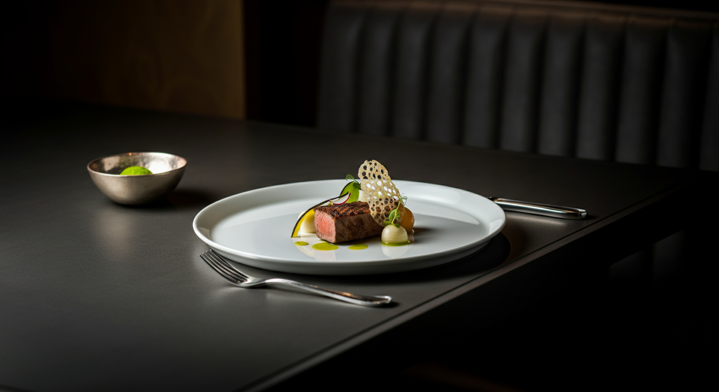 A elegantly plated dish with a piece of cooked meat, garnished with crispy cheese, microgreens, and sauce drizzles, set on a white plate with a fork nearby, on a black table.