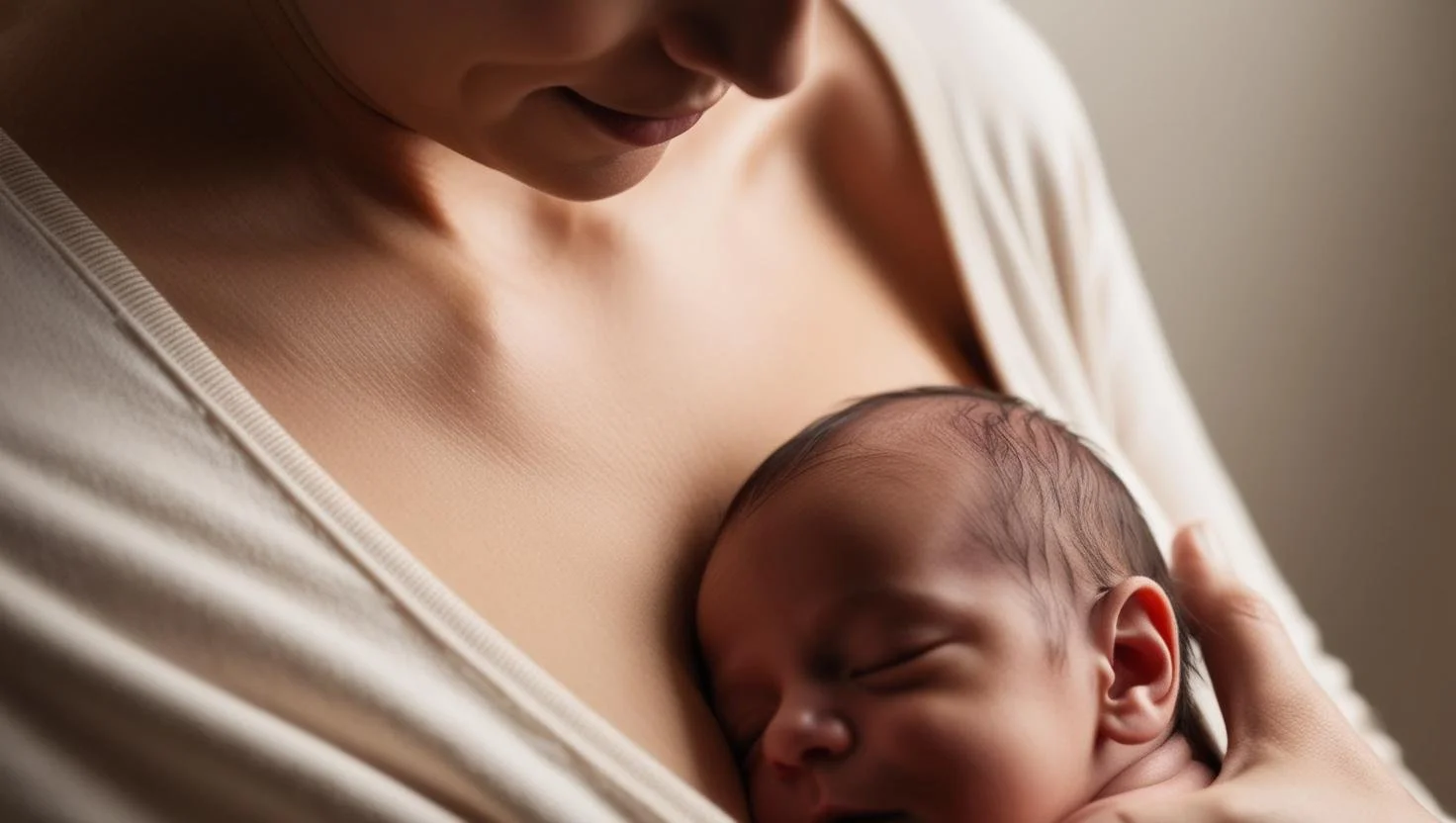 A woman breastfeeding a sleeping newborn baby with her shirt pulled down.