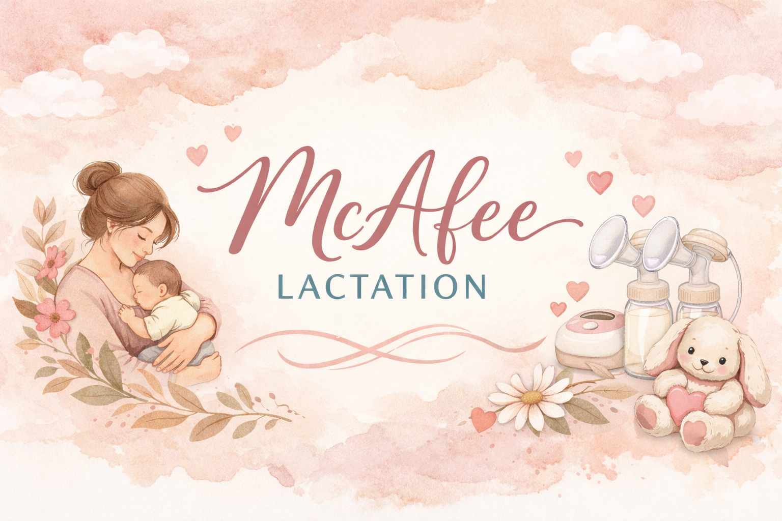Illustration of a mother holding a baby, pink flowers, bottles of breastmilk, a breast pump, and a plush bunny with a heart, with the text 'McAfee Lactation' in the center.