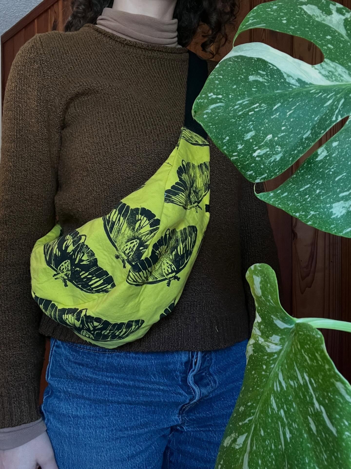 ~Willie~ Moth printed Scrappy Sling made from hand dyed fabric. Find him at my next market!