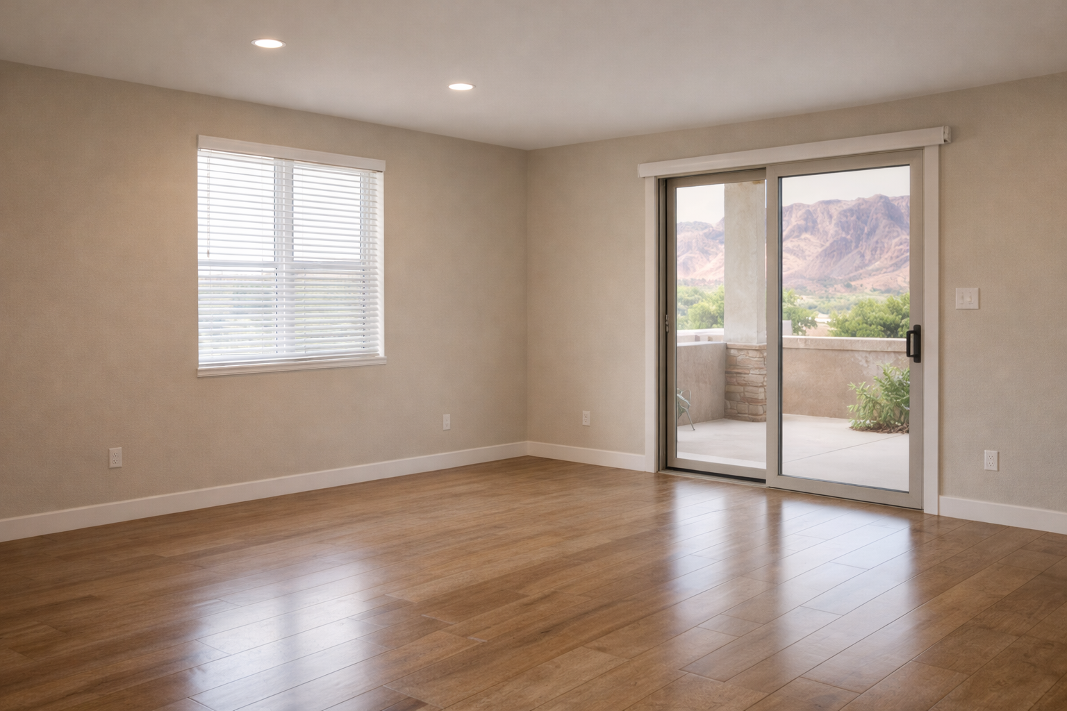 Empty room with wooden flooring, a window with blinds, and sliding glass door leading to balcony with mountain view.