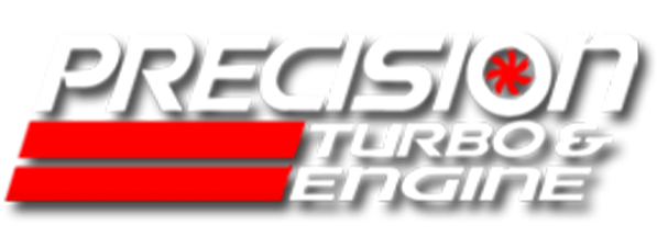 Precision Turbo & Engine logo with bold text and red graphic elements on a black background.
