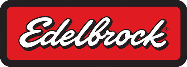 Edelbrock logo with red background and black border