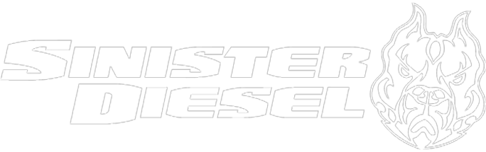 Sinister Diesel logo with stylized text and a bulldog face illustration.