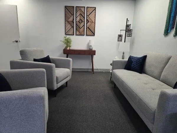 Living room with two light gray armchairs and one light gray sofa, each with dark pillows, a small wooden console table with a plant and decorative items, wall art, a floor lamp, and a dark carpet.