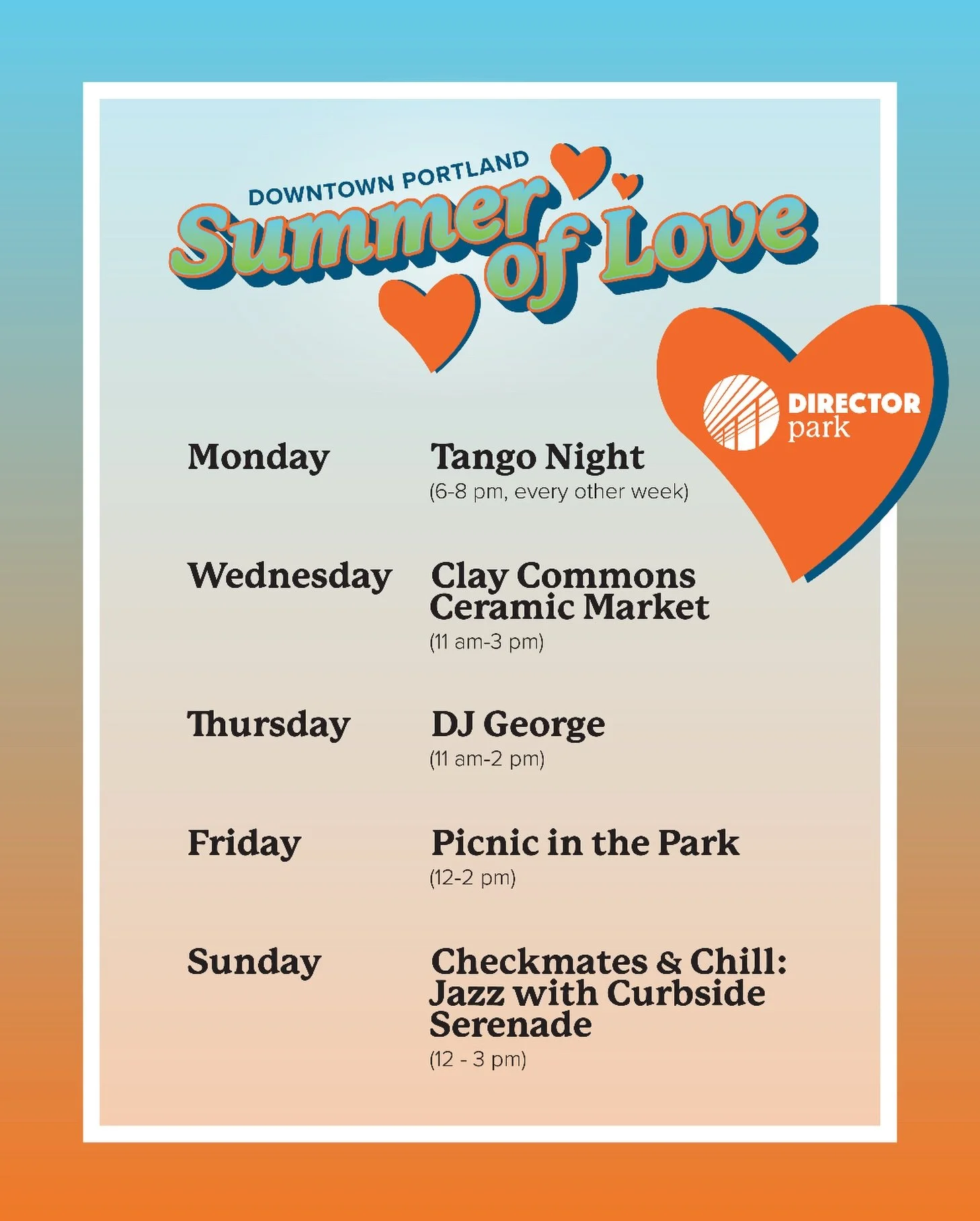 Summer of Love has officially launched at Director&rsquo;s Park! 🎉Join us (almost) each day of the week for a different activity. 

💃Tango Night every other week with Alex Krebs!
🎨Clay Commons Ceramic Market, shop from several incredible local cer