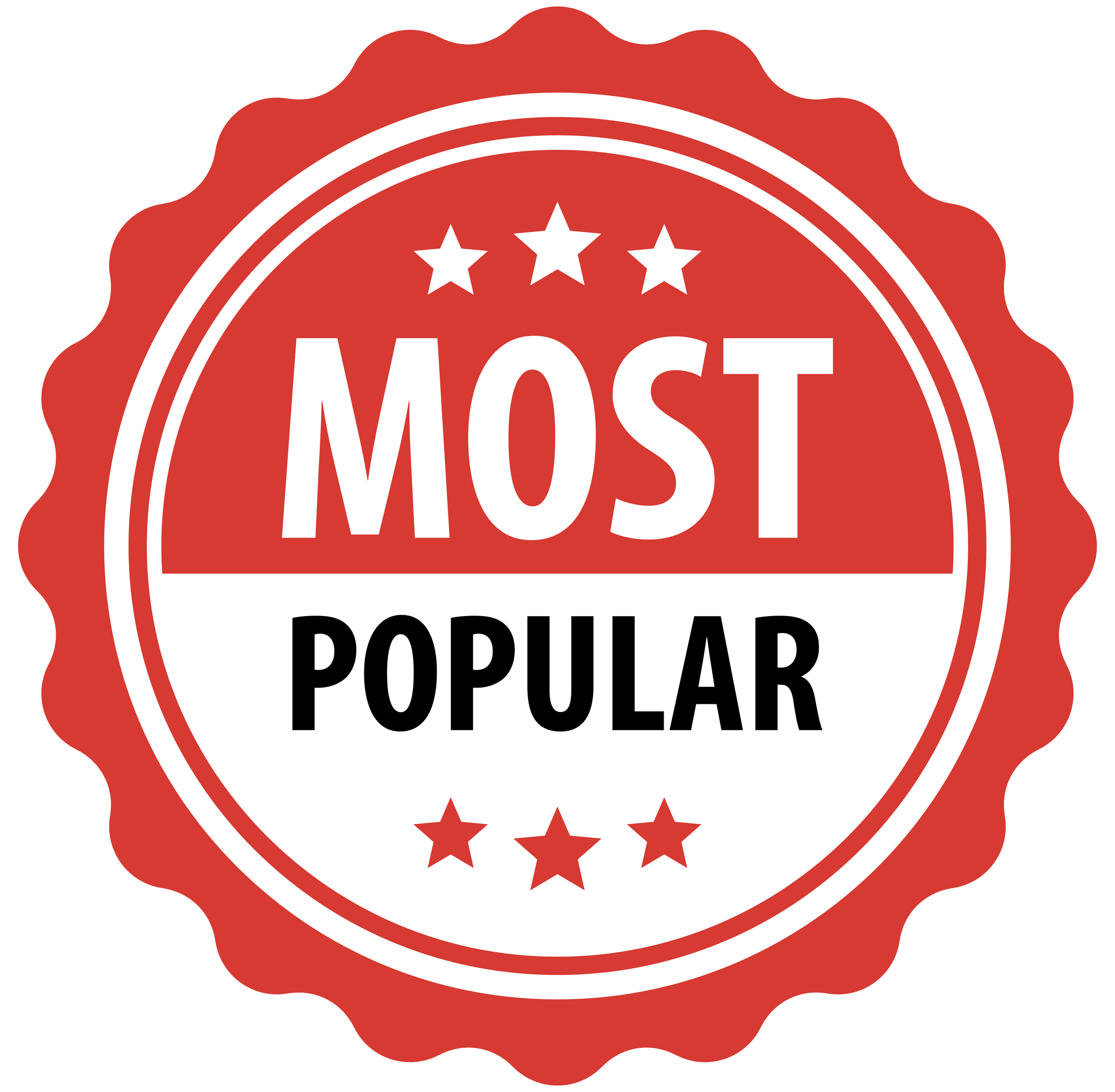 Badge with red, black, and white colors reading 'Most Popular' surrounded by stars.