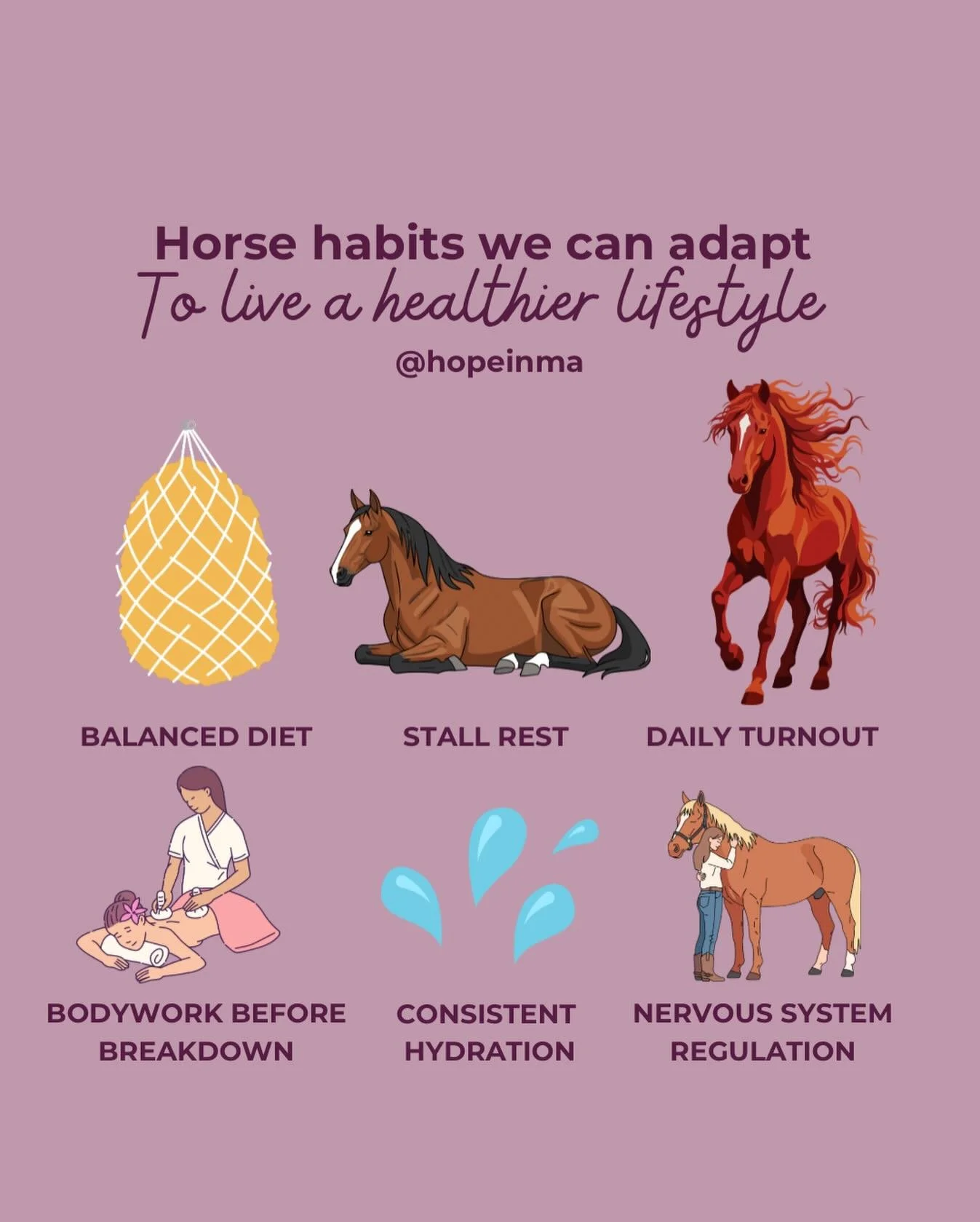 We spend so much time managing the wellness of our horses, yet always seem to forget that our own bodies deserve the same level of care.

Here are a few horse habits worth adapting: 

𝗕𝗮𝗹𝗮𝗻𝗰𝗲𝗱 𝗗𝗶𝗲𝘁 &rarr; simple, nourishing food over rest