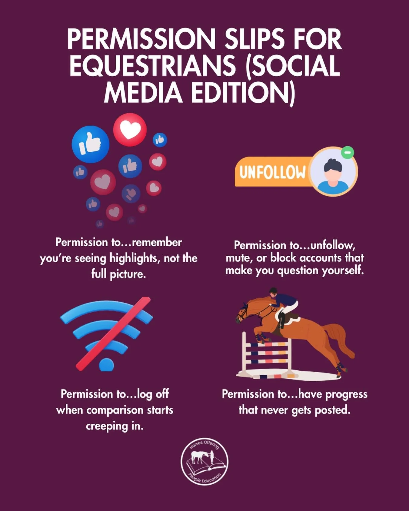 As the days get longer and hotter, here&rsquo;s your reminder that not every ride needs to be posted, not every milestone needs an audience, and not every new reel deserves your attention.

🐴 Touch grass (literally).
🐴 Go on that trail ride. 
🐴 Pu