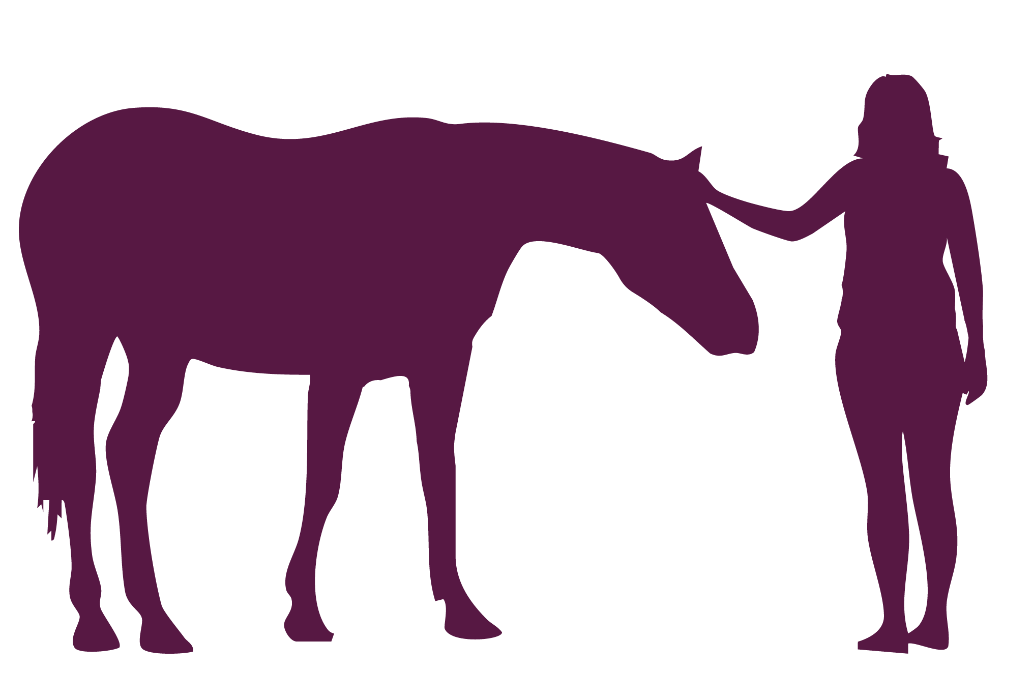 Silhouette of a person petting a horse, both in purple, with a black background.