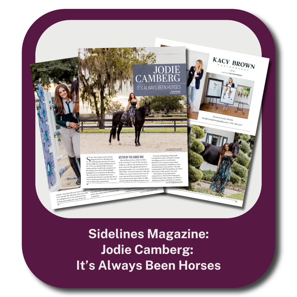 Cover of Sidelines Magazine featuring Jodie Camberg with a horse, a woman with glasses and a dog, and artwork by Kacy Brown.