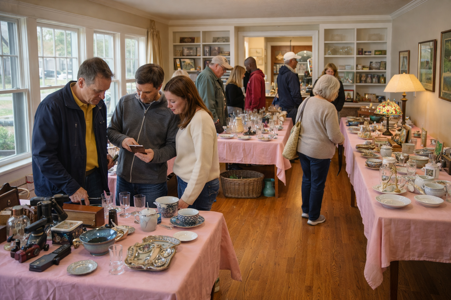People browsing at a thrift store or antique shop with tables covered in pink tablecloths filled with various dishware and collectibles.