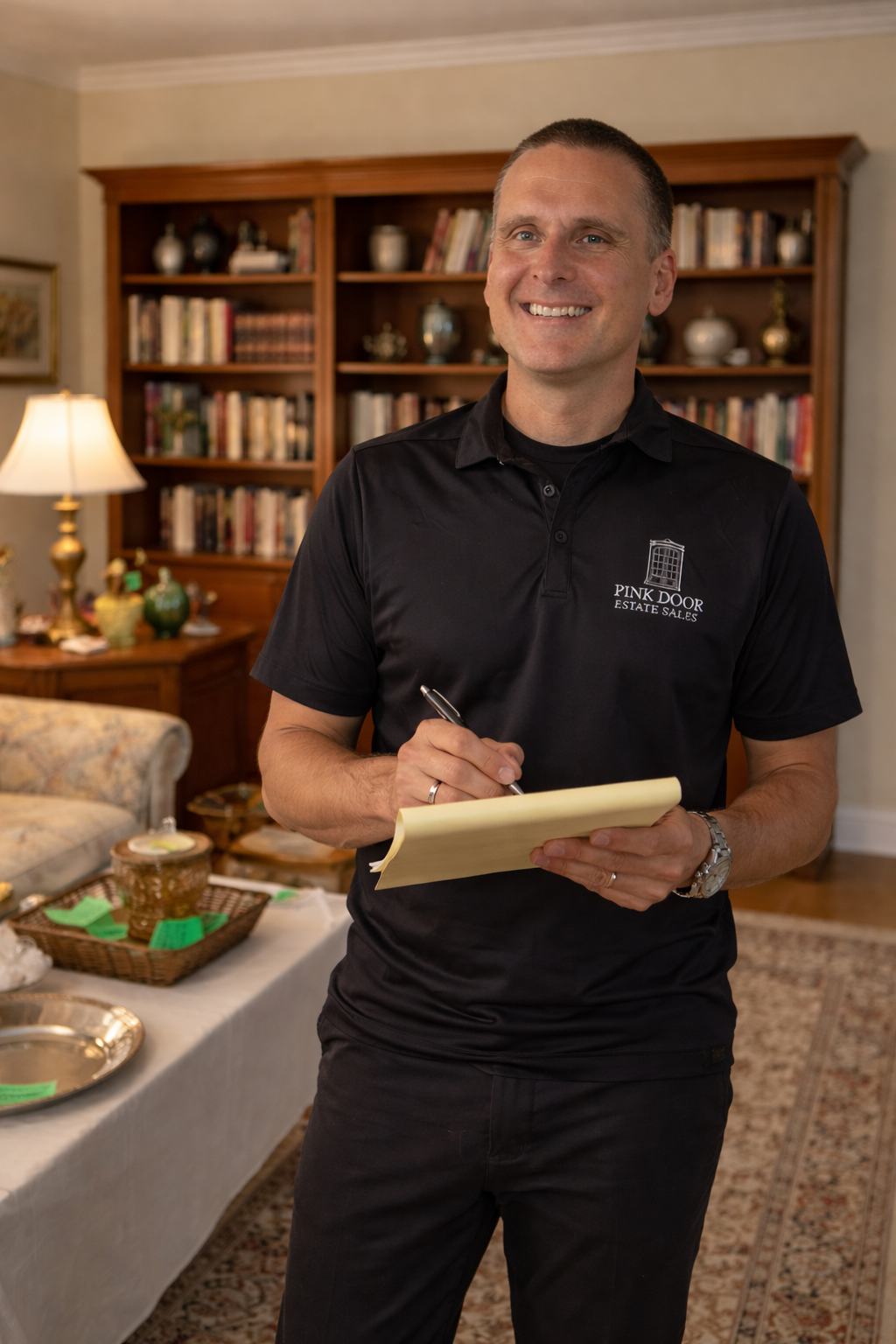 A smiling man in a black polo shirt with a 'Pink Door' logo, holding a notepad and pen, standing in a cozy living room with a bookshelf, lamp, and decorated table.