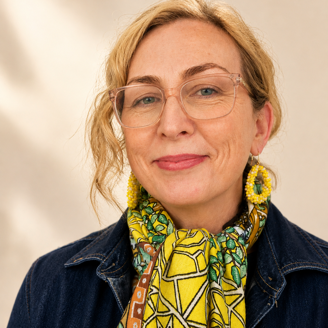 Head shot of Belinda Peters, a woman wearing pink glasses, yellow patterned scarf, yellow beaded earrings, and a denim jacket, with light skin and short blonde hair.