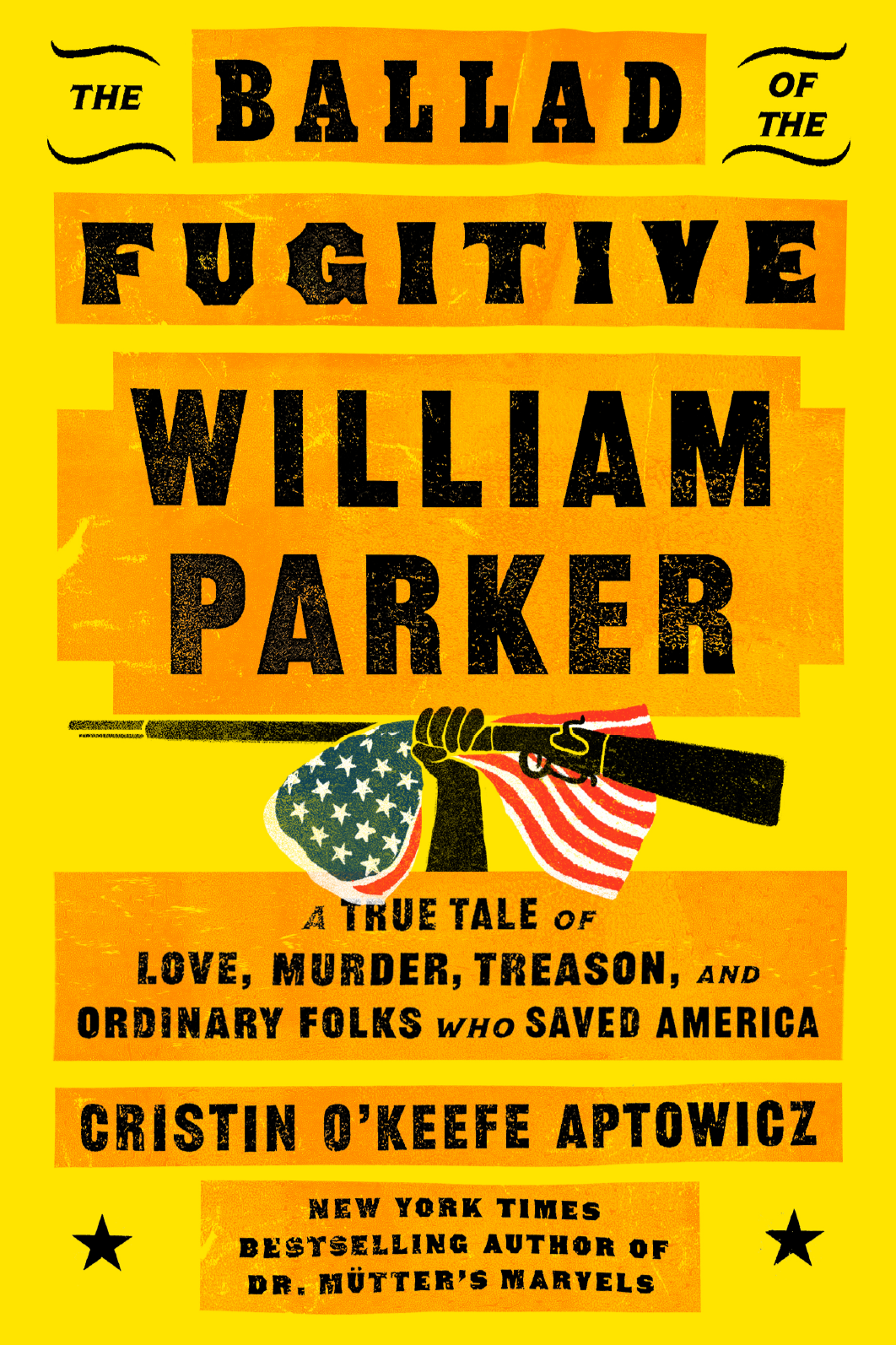 Book cover of 'The Ballad of the F*u*c*t*i*v*e William Parker,' with a yellow background, showing a hand holding a rifle with an American flag bandana, and black bold text.