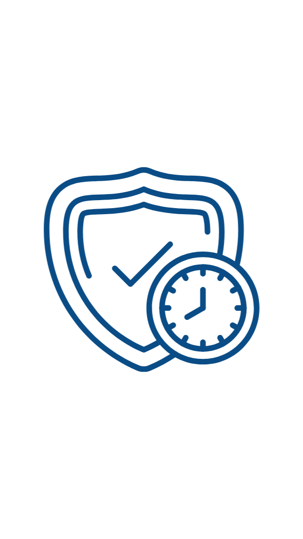 Digital icon of a shield with a checkmark and a clock in front of it, representing cybersecurity and time protection.