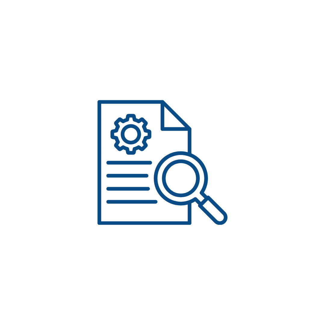 Icon of a document with a gear symbol and lines of text, magnified by a magnifying glass, representing document review or analysis.