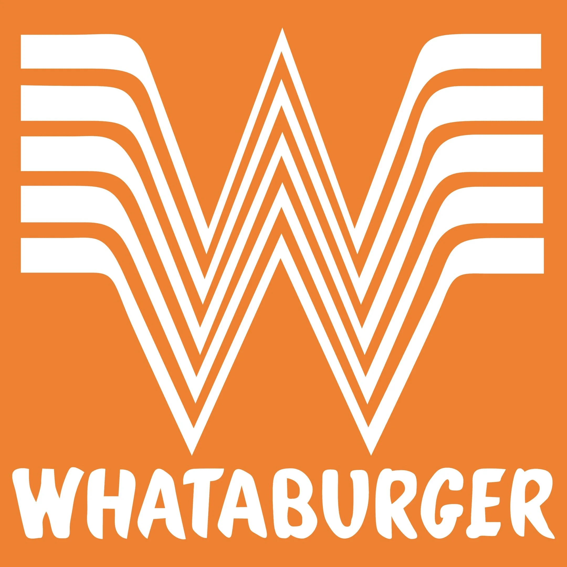 A stylized orange background with a white, layered letter W resembling a burger, and the word 'WHATABURGER' in bold white letters below.