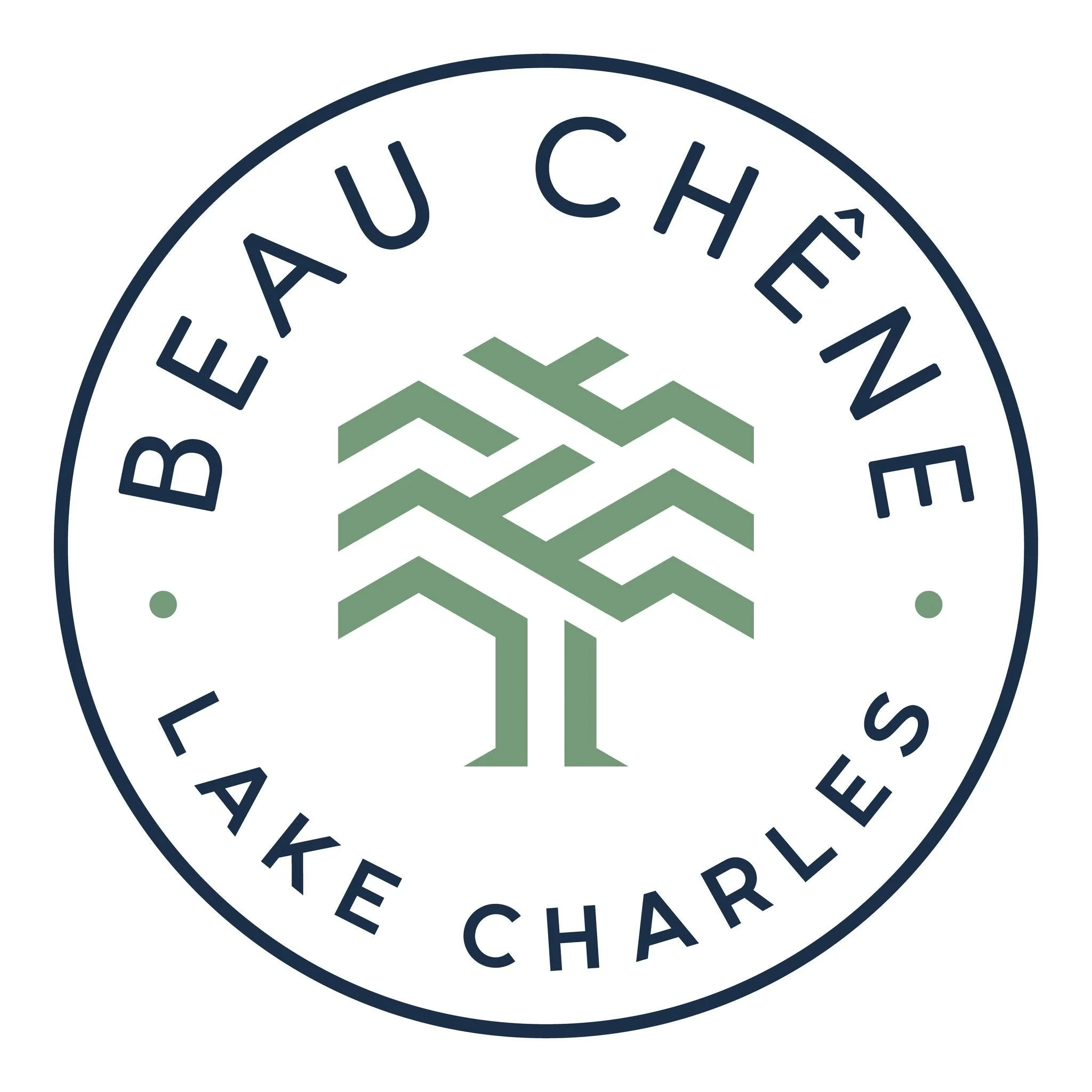 Logo of Beaujéne Lake Charle in Lake Charles, featuring a stylized pine tree and the words 'Beaujéne Lake Charle' in a circular design.