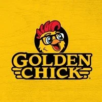 Logo for Golden Chick featuring a cartoon chicken with glasses and red comb on a yellow background