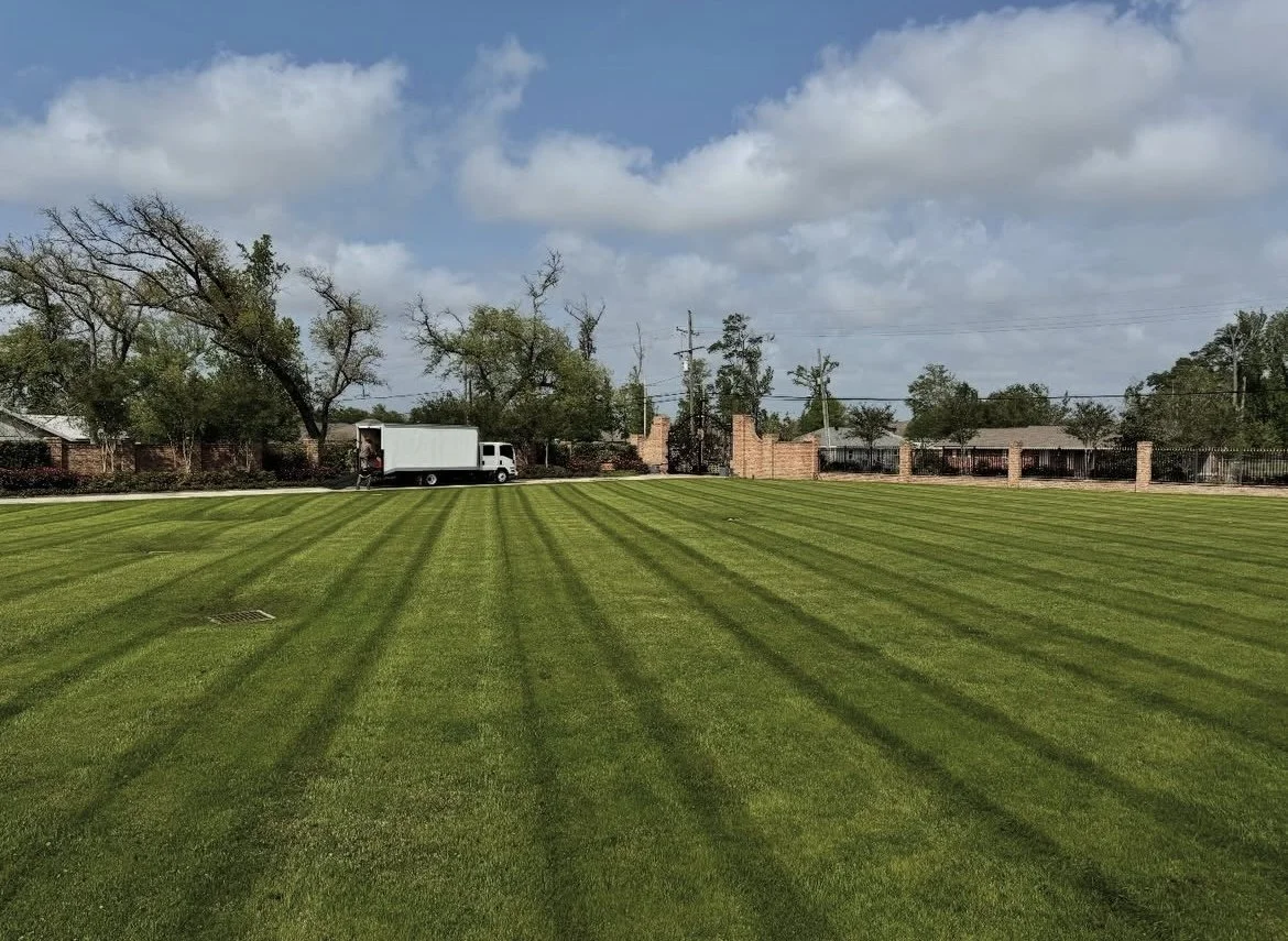 Freshly mowed green lawn with diagonal stripes, residential houses with brick walls and fences, a truck parked in the background, trees, and a partly cloudy sky.
