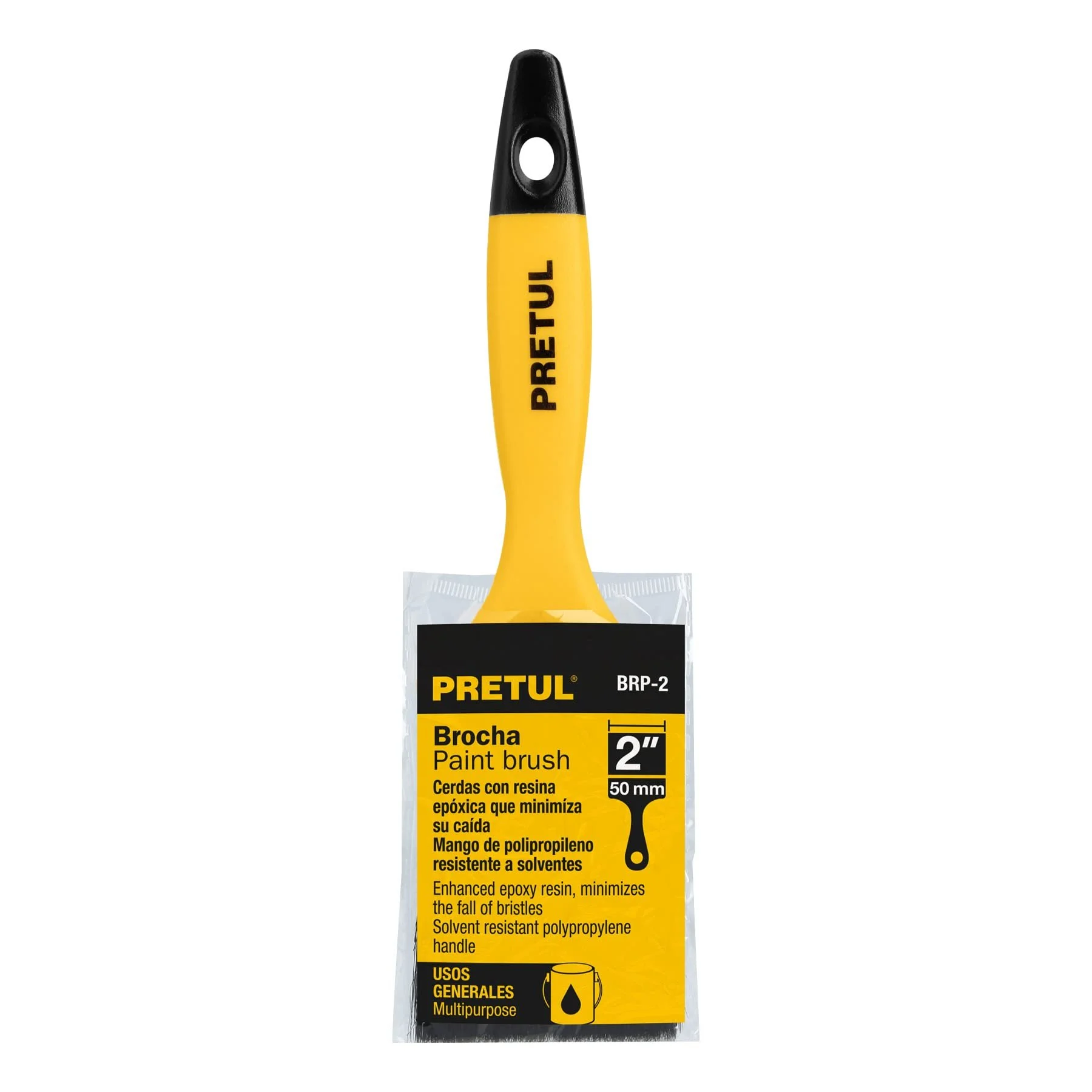 Brocha PRETUL de 2" con mango plástico para pintura, solventes y trabajos de detalle