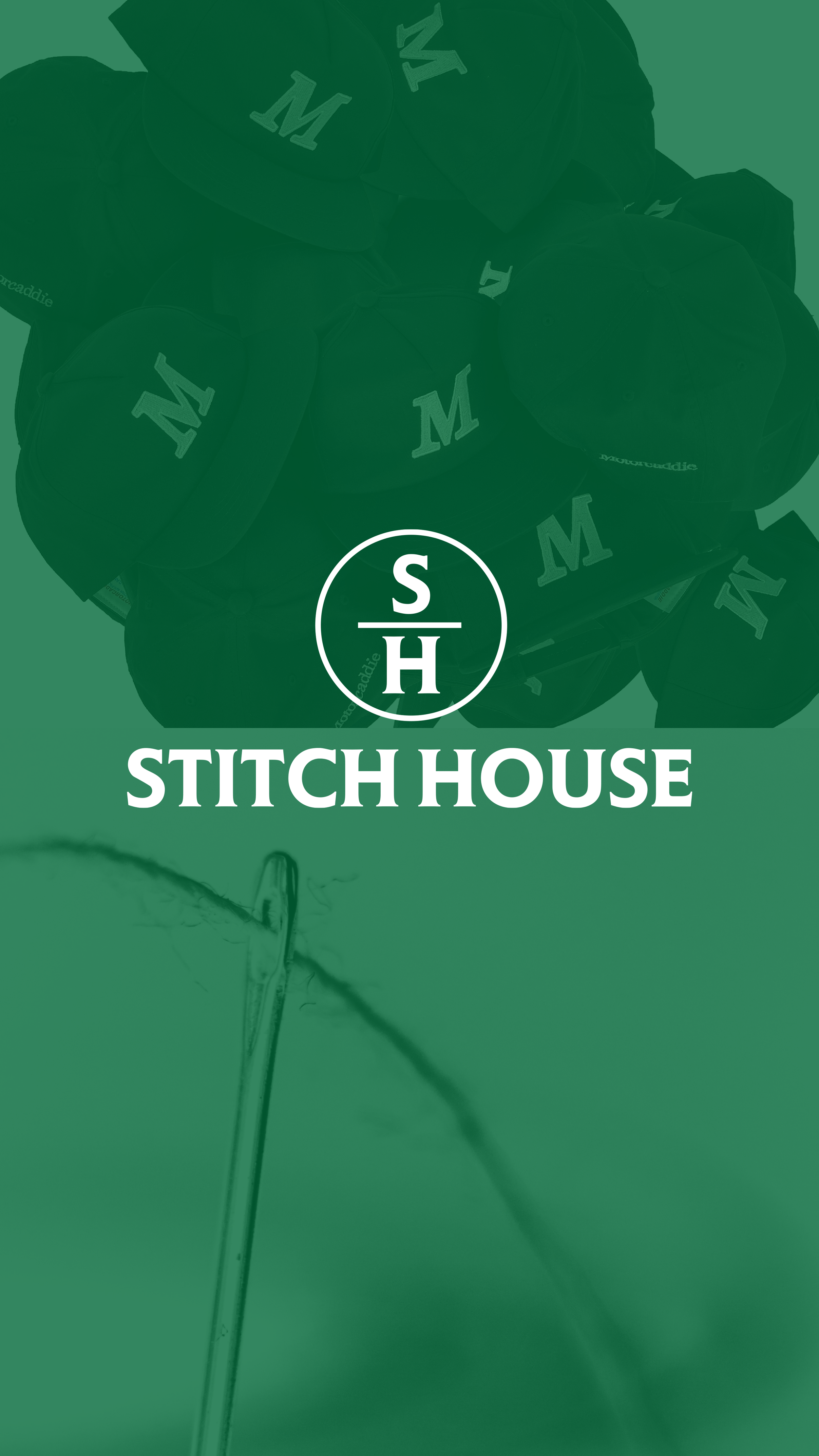 Green overlay with a logo reading "SH Stitch House" and background images of golf clubs and caps with the letter 'M'