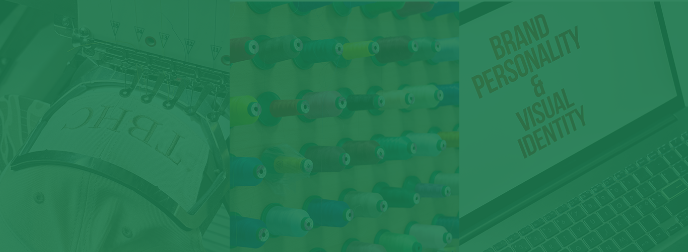 Overlay of a sewing machine, spools of thread, and a laptop display with the text 'Brand Personality & Visual Identity'.