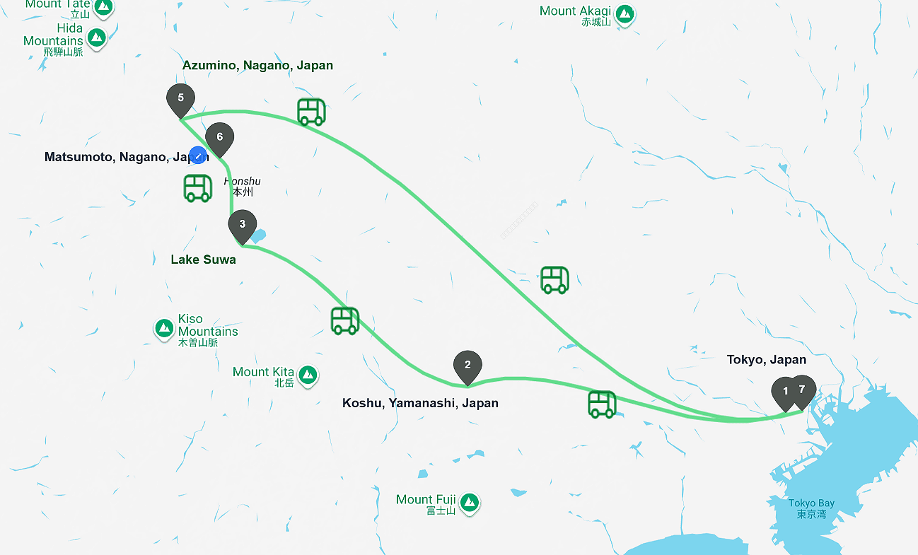 Map showing a travel route from Tokyo, Japan to Azumino, Nagano, Japan with stops at Koshu, Yamanashi, Japan, Lake Suwa, Matsumoto, Nagano, Japan, and Azumino, Nagano, Japan. The tour route for Tabi Trails Matsumoto tours from Tokyo