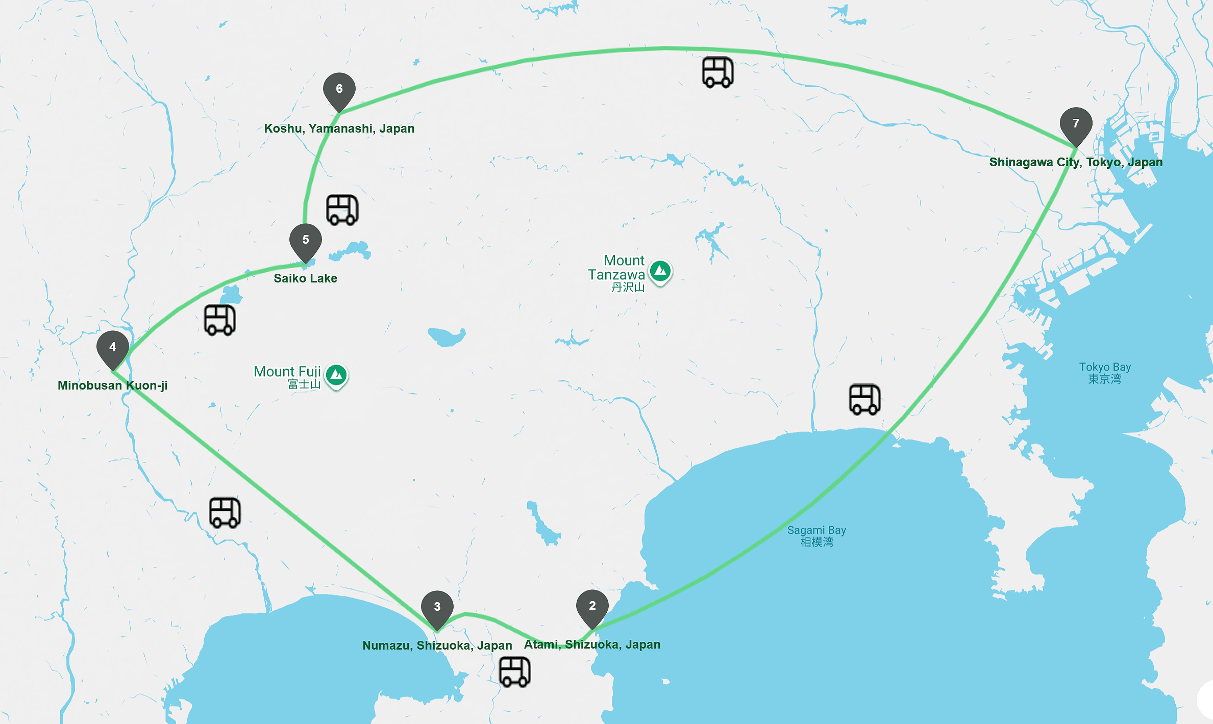 Map showing the route of Tabi Trails Fuji 360 tour
