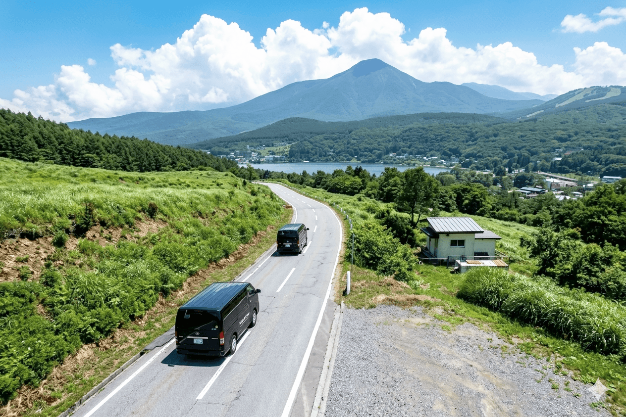 A scenic view of a winding road with Tabi Trails black tour vans driving through lush green fields, with a small house on the right and a large mountain in the background under a partly cloudy sky.