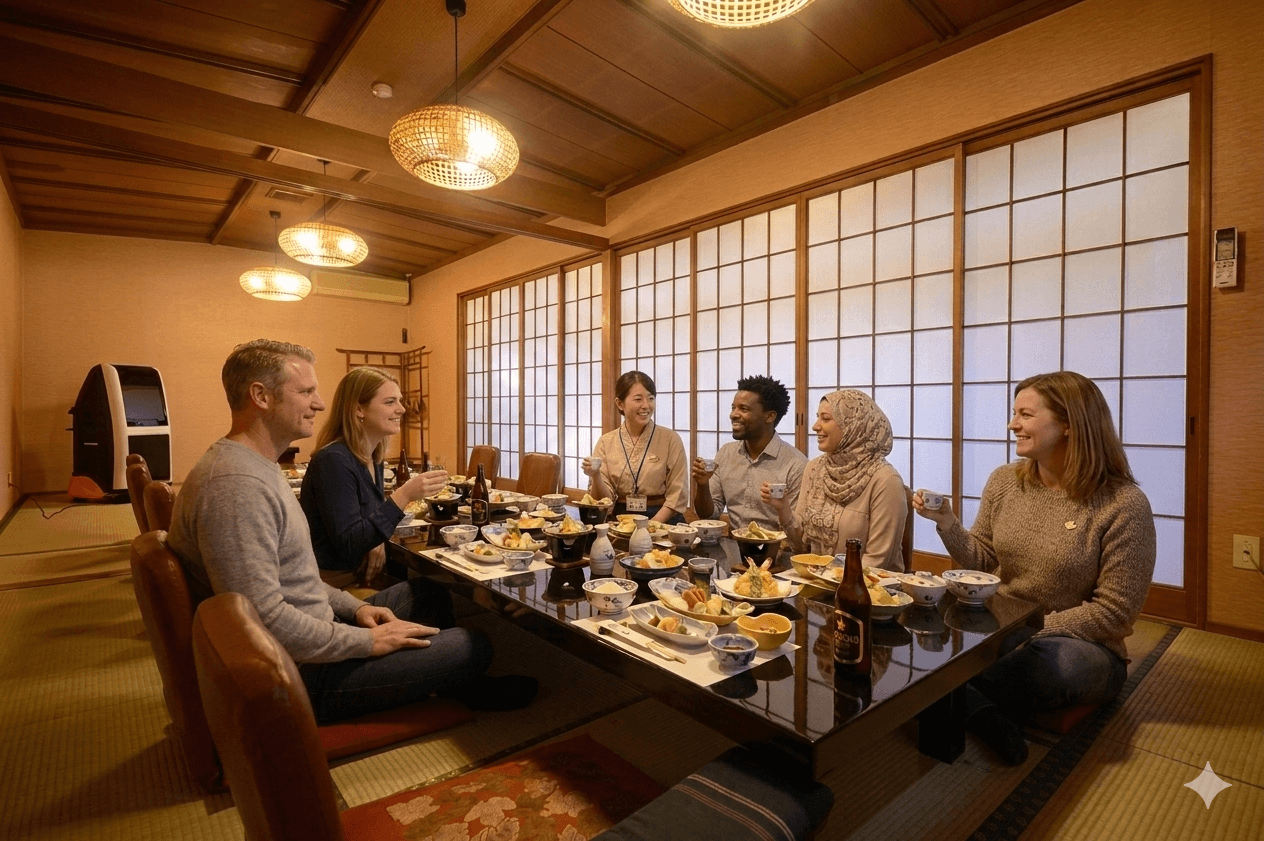 A Tabi Trails group enjoying a local Japanese dinner together on tour