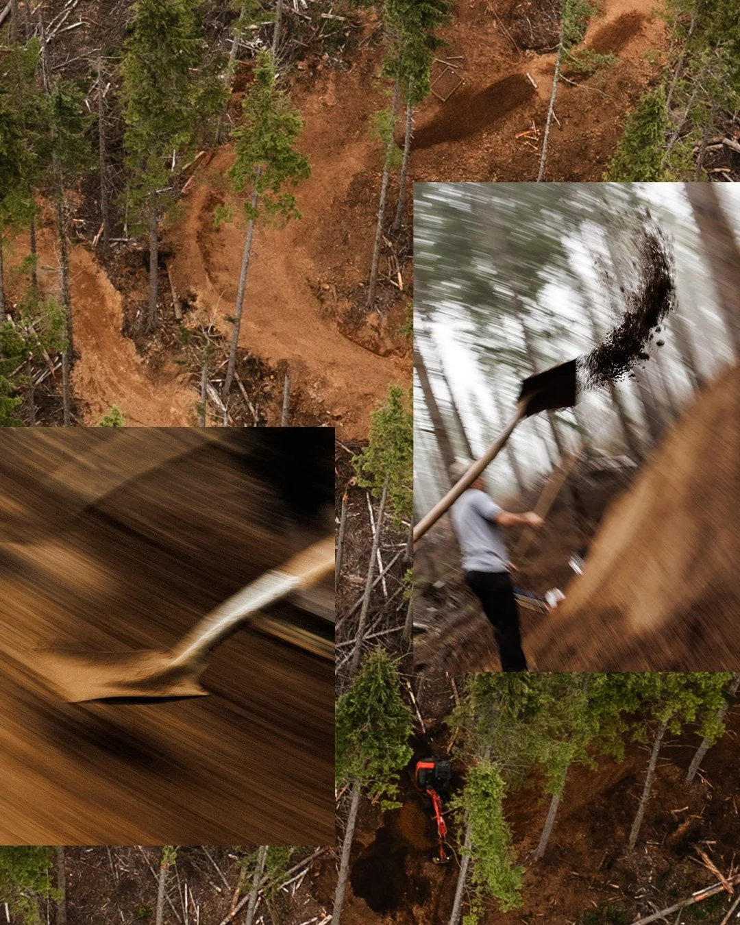 Aerial view of a landslide in a forest on the Oregon Coast with dirt and fallen trees, a person shoveling dirt with a shovel, dirt being moved rapidly, and a drill machine on the ground.