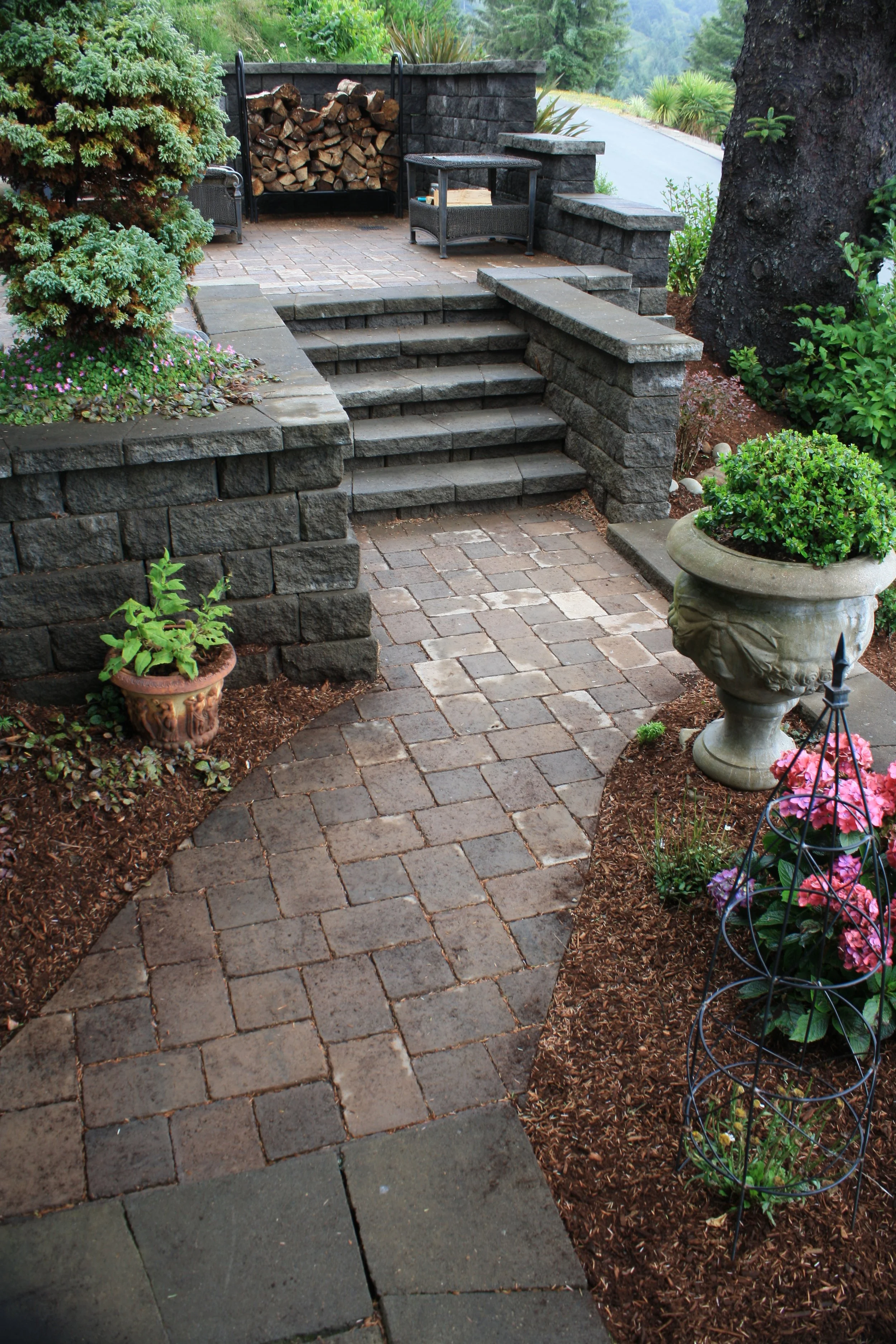 A landscaped backyard on the Oregon Coast with stone steps leading to a patio area, two large potted plants, a stack of firewood, and various bushes and trees.