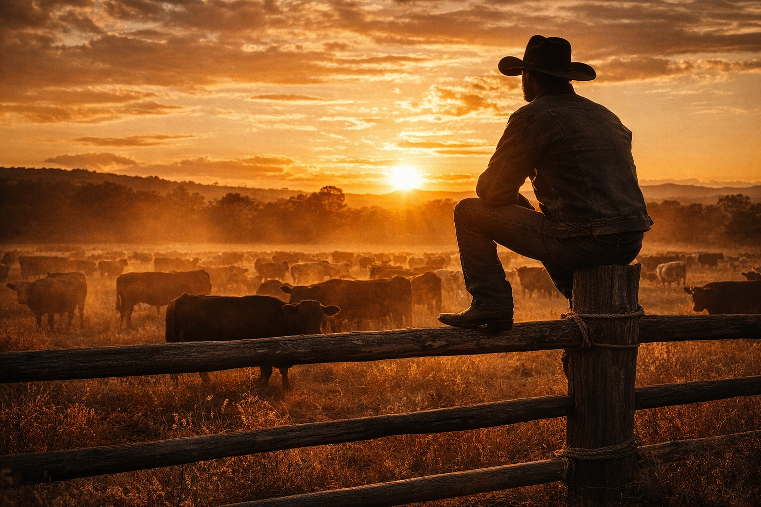 A man wearing a cowboy hat and denim jacket sits on a wooden fence, watching cattle in a field at sunset with an orange sky and distant hills.