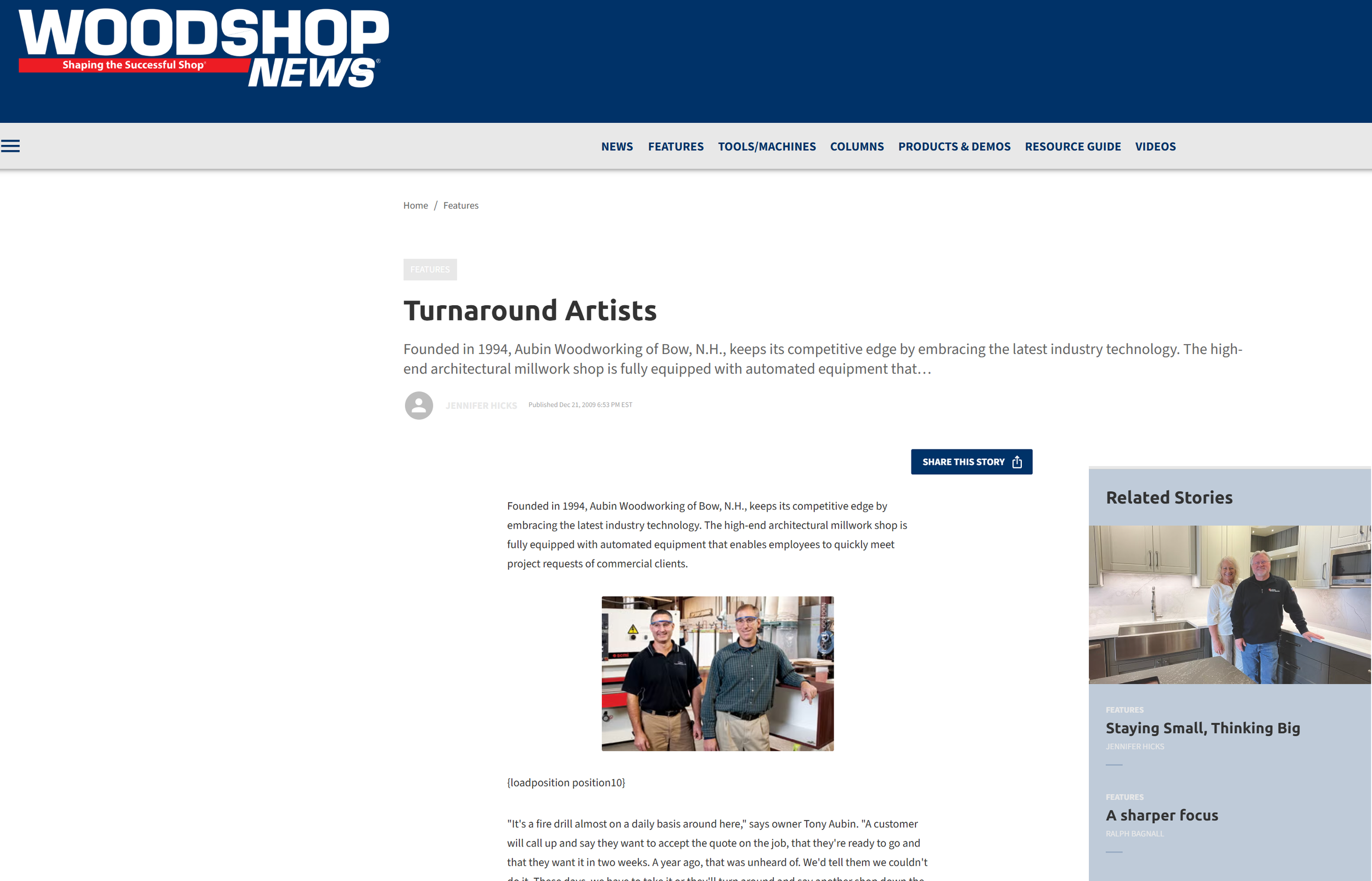 Screenshot of Woodshop News website featuring an article about turnaround artists and a photo of two men in a woodworking shop.