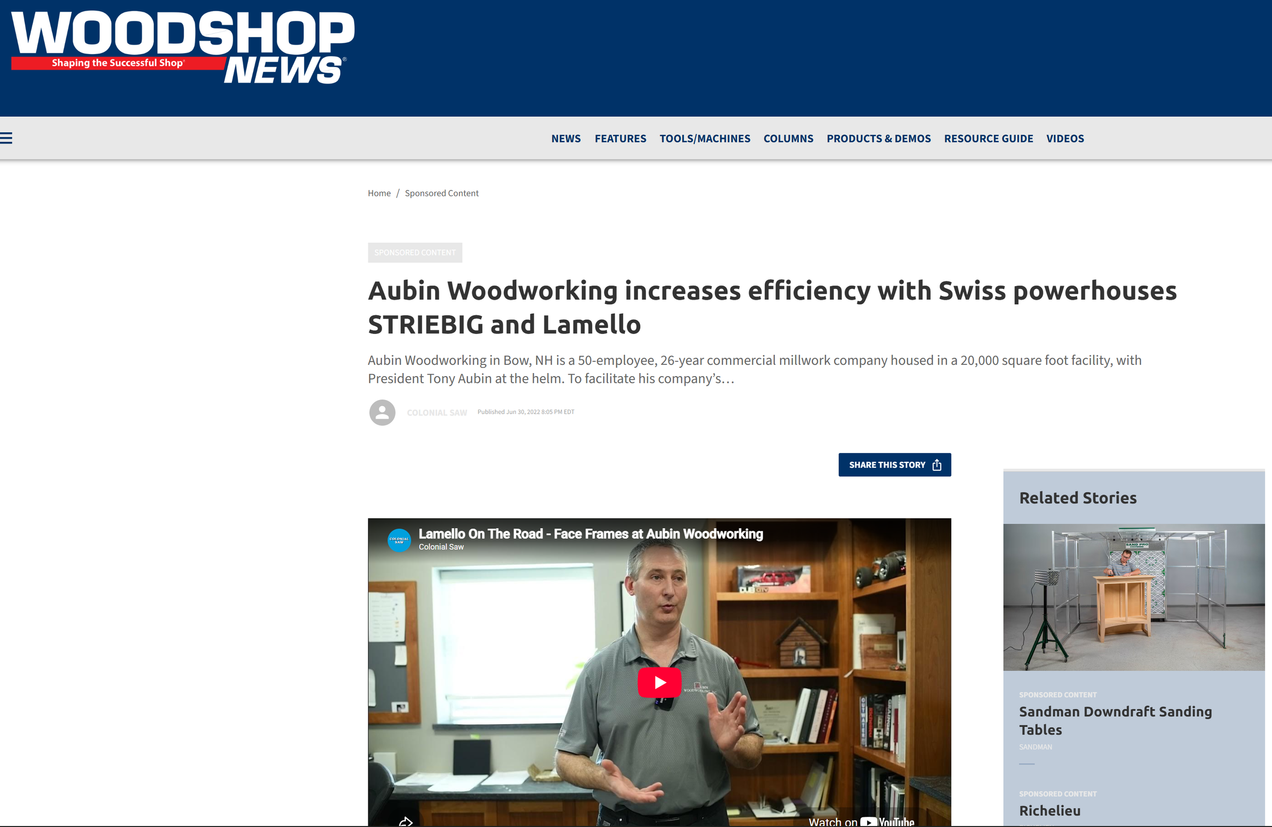 Screenshot of Woodshop News website featuring an article about Aubin Woodworking with a photo of a man speaking in a wood shop.
