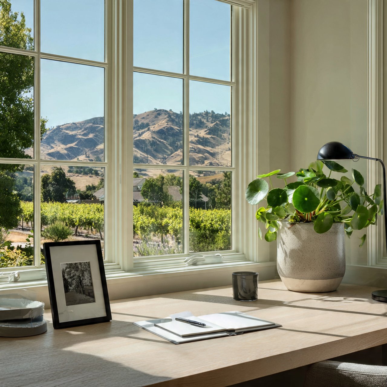 A bright office desk near a large window with a view of hills and trees, featuring a potted plant, a black desk lamp, a framed photo, a notebook, and a pen.