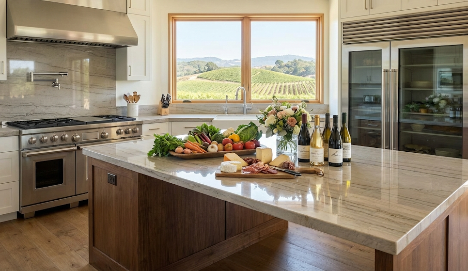 Modern kitchen with a large marble island, fresh produce, cheese, wine bottles, and a view of a vineyard through a window.