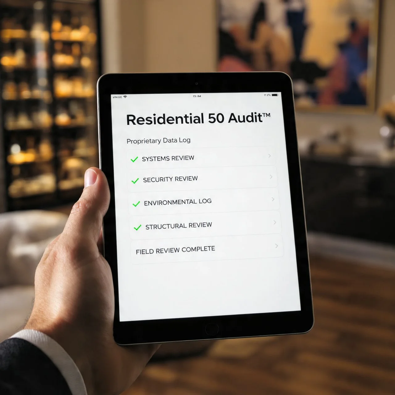 Hand holding a tablet displaying a Residential 50 Audit checklist with several review categories marked complete, in a living room setting with blurred background.