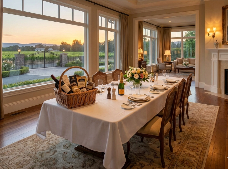 Elegant dining room with a large table set for a meal, decorated with a floral centerpiece, wine, and tableware. Large windows offer a view of a patio and greenery outside, with warm lighting and comfortable seating inside.