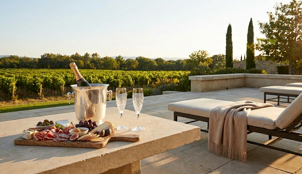Outdoor patio with a table set for wine and cheese, overlooking a vineyard at sunset.