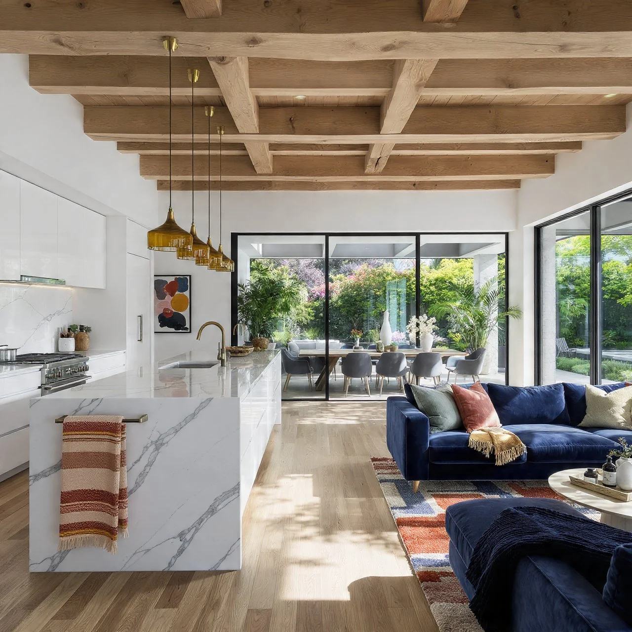 Open-concept living room and kitchen with wooden ceiling beams, white marble island, dark blue velvet sofa, colorful pillows, large windows showing greenery outside, and a dining area with a glass wall.
