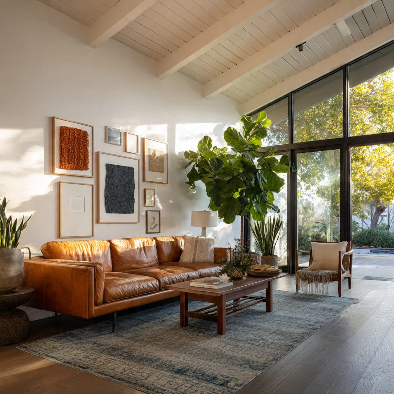 Living room with a brown leather sofa, wooden coffee table, armchair, large green houseplants, framed textile art on the wall, and floor-to-ceiling windows showing trees outside, illuminated by natural sunlight.
