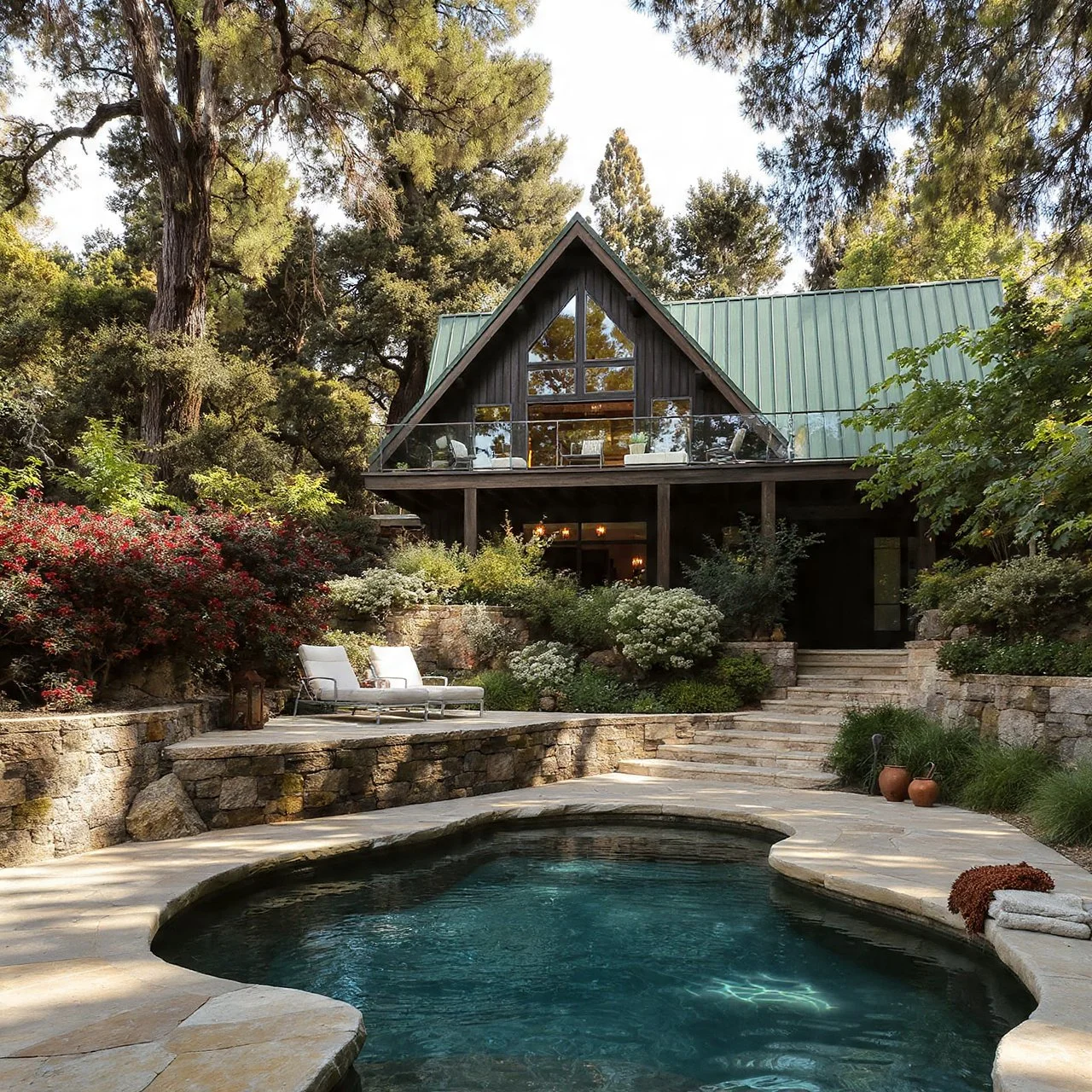 A house with a triangular roof and a balcony, surrounded by trees, with a patio, pool, and landscaped garden.