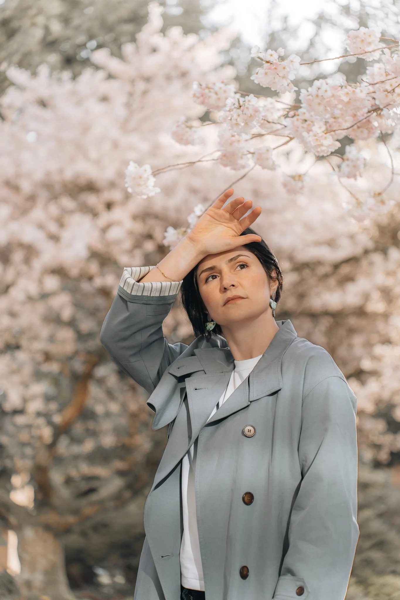 A woman standing outdoors among cherry blossom trees, holding her hand above her forehead and looking upward.